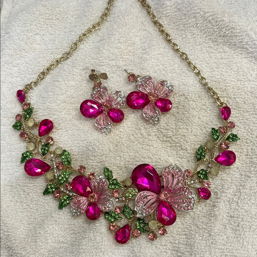 Elegant Pink and Green Floral Statement  Necklace and Earring Set